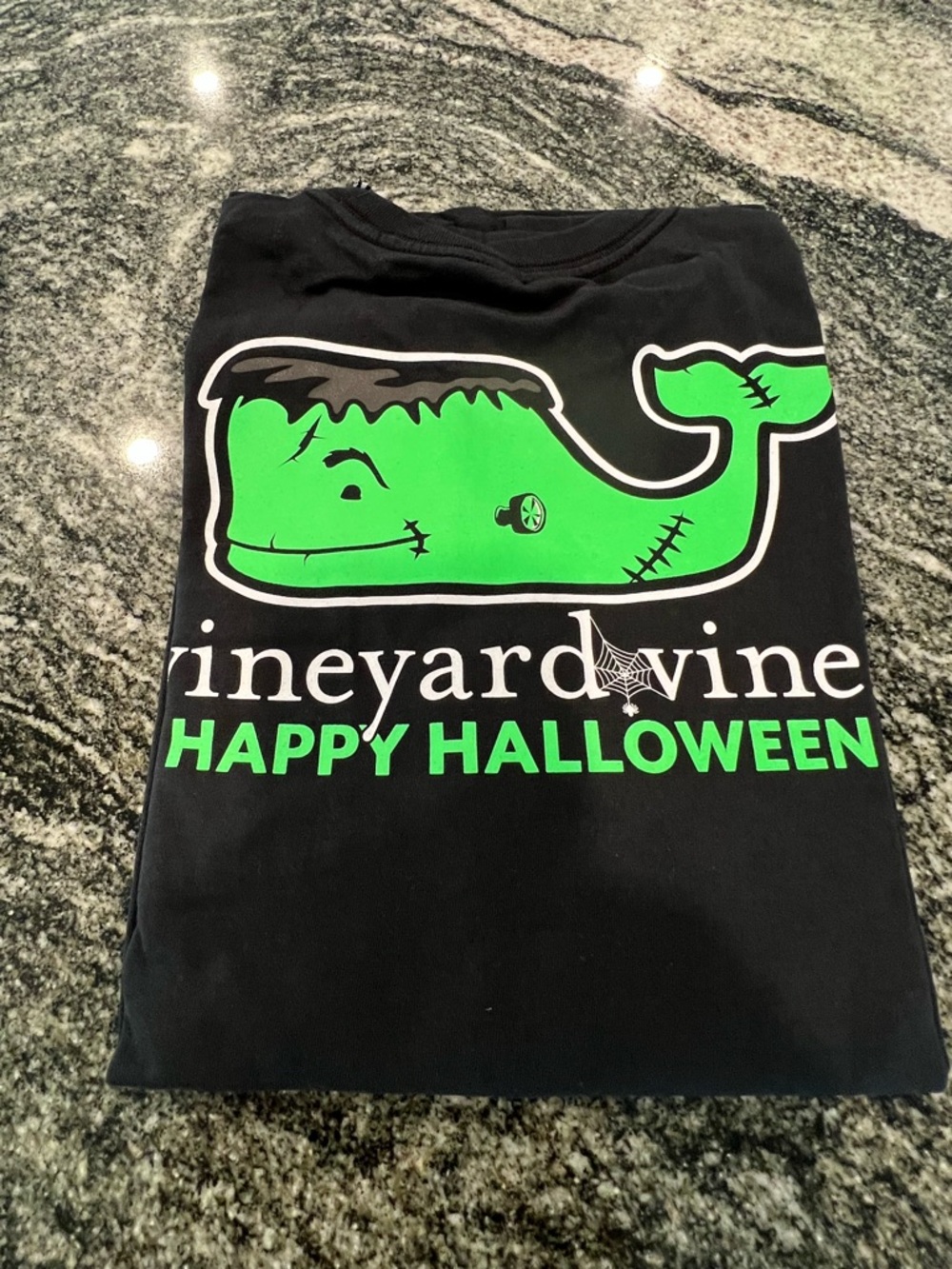 Vineyard Vines Black Short-Sleeve Tee with Neon Green Halloween Whale